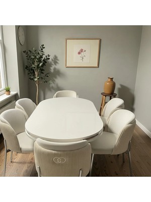 Msy Home 6 Kişilik Aura Krom Serisi Beyaz Lake Oval Yemek Masası ve Puffy Krem Sandalye Takımı Modern