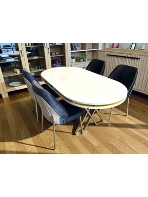 Msy Home 4 Kişilik Milano Serisi Oval Beyaz Lake Masa Yönsüz Kumaş Modern ve Şık Yemek Takımı