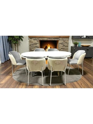 Msy Home 6 Kişilik Aura Krom Serisi Beyaz Lake Oval Yemek Masası ve Puffy A.gri Sandalye Takımı Modern