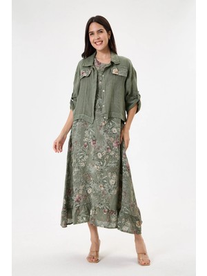 Della Moor Khaki Italyan %100 Keten Çiçek Desenli Ceketli Ikili Takım Elbise 38 - 44 Beden