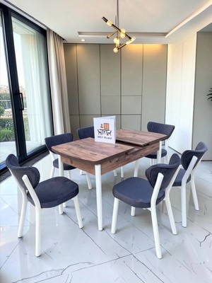 Msy Home Alva 6 Kişilik Yemek Masası Takımı Baby Face Kumaş Çam 80X130 cm Mdf Masa Beyaz Iskelet Modern ve Şık
