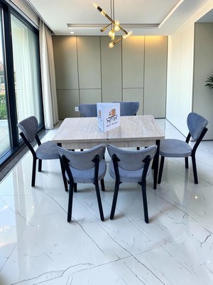 Msy Home Alva 6 Kişilik Yemek Masası Takımı Baby Face Kumaş Traverten 80X130 cm Mdf Masa Siyah Iskelet Modern ve Şık