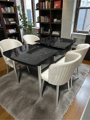 Msy Home 4 Kişilik Exclusive Kelebek Black Marble Krom Ayaklı Modern Yemek Odası Grubu