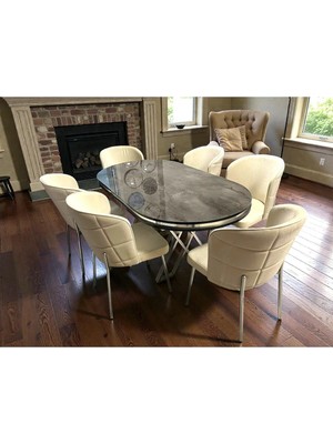 Msy Home 4 Kişilik Serya Ironi Oval Masa Krom Ayak Yönsüz Kumaş Modern ve Şık Yemek Odası Takımı