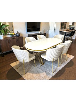 Msy Home 6 Kişilik Berya Beyaz Oval Masa Gold Ayak Yönsüz Kumaş Modern ve Şık Yemek Odası Takımı