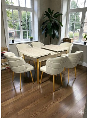 Msy Home 6 Kişilik Selin Serisi Gold Kelebek Traverten Kelebek Yemek Masası Takımı