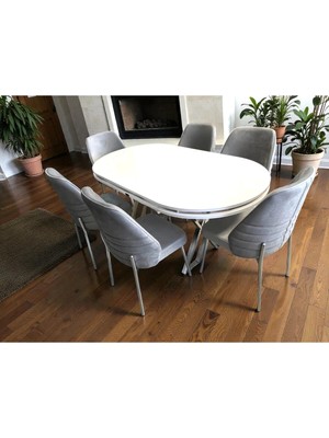 Msy Home 4kişilik Monaco Stil Krom Çizgili Gri Yönsüz Kumaş Beyaz Oval Masa Modern Yemek Odası Seti