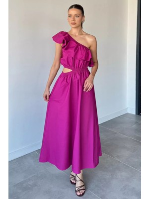 Gülseli Kadın Tek Omuz Bel Dekolteli Fırfırlı Elbise P-00022039