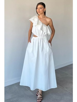 Gülseli Kadın Tek Omuz Bel Dekolteli Fırfırlı Elbise P-00022039