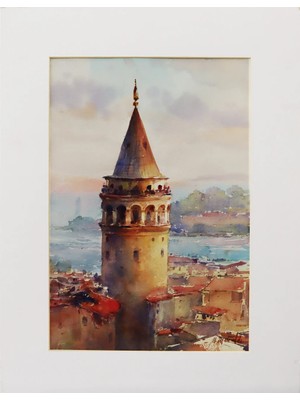 Muguetarts Galata Orijinal Suluboya Tablo - Mehmet Najafzadeh Eseri 45X35 cm Çerçevesiz, Paspartulu