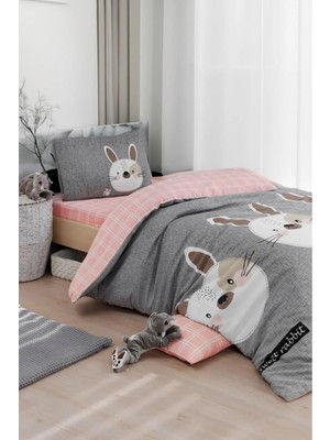 Upstyle Kolay Ütülenir Nevresim Takımı Tek Kişilik Tavşancık A.kahve-Gri-Pembe