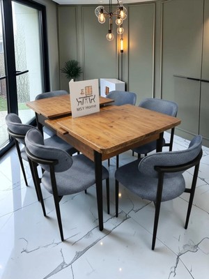 Msy Home 6 Kişilik Lina Antrasit Kumaş 80*130 Antik Çam Açılır Masa Sandalye Seti (Modern Seri) Siyah Iskelet
