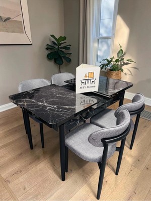 Msy Home 4 Kişilik Lina A.gri Kumaş 80*130 Siyah Mermer Açılır Masa Sandalye Seti (Modern Seri) Siyah Iskelet
