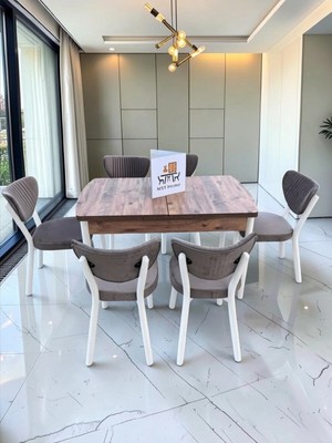 Msy Home Alva 6 Kişilik Yemek Masası Takımı Baby Face Kumaş Çam 80X130 cm Mdf Masa Beyaz Iskelet Modern ve Şık