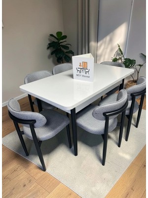 Msy Home 6 Kişilik Lina A.gri Kumaş 80*130 Beyaz Açılır Masa Sandalye Seti (Modern Seri) Siyah Iskelet