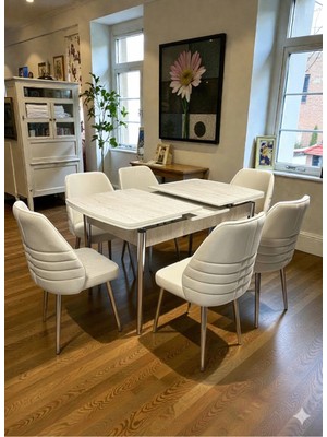 Msy Home 6 Kişilik Göz Serisi Krom Kelebek Traverten Kelebek Yemek Masası Takımı