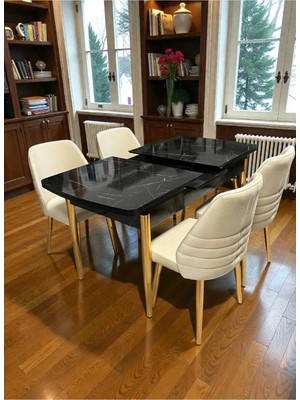 Msy Home 4 Kişilik Premium Seri Gold Detaylı Krem Renk Siyah Mermer Desenli Kelebek Masa Modern Şık Set