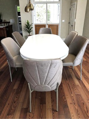 Msy Home 6 Kişilik Nova White Krom Beyaz Masa Yönsüz Kumaş Modern ve Şık Yemek Masası Takımı