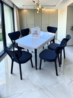 Msy Home Alva 6 Kişilik Yemek Masası Takımı Baby Face Kumaş Beyaz 80X130 cm Mdf Masa Siyah Iskelet Modern ve Şık