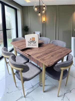 Msy Home 6 Kişilik Lina 80*130 Çam Açılır Masa Sandalye Seti (Modern Seri)Krem Iskelet