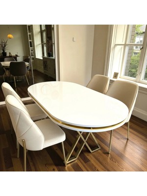 Msy Home 4 Kişilik Nova White Gold Beyaz Masa Krem Renk Modern ve Şık Yemek Masası Takımı
