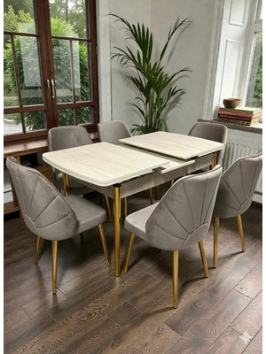 Msy Home 6 Kişilik Dünya Serisi Gold Kelebek Traverten Kelebek Yemek Masası Takımı