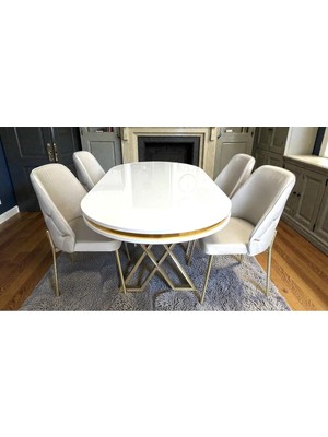 Msy Home 4 Kişilik Ada Gold Serisi Ironi Masa Yönsüz Kumaş Lüks ve Modern Yemek Odası Takımı