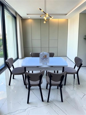 Msy Home Alva 6 Kişilik Yemek Masası Takımı Baby Face Kumaş Beyaz 80X130 cm Mdf Masa Siyah Iskelet Modern ve Şık