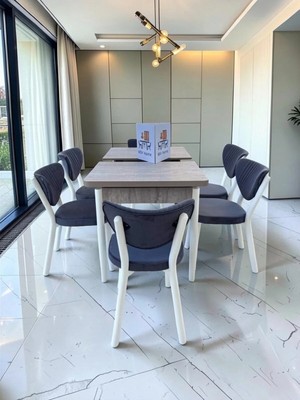 Msy Home Alva 6 Kişilik Yemek Masası Takımı Baby Face Kumaş Traverten 80X130 cm Mdf Masa Beyaz Iskelet Modern ve Şık