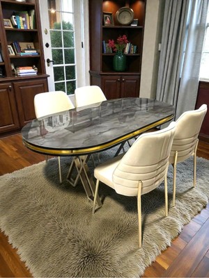 Msy Home 4 Kişilik Monaco Stil Gold Çizgili Krem Yönsüz Kumaş Ironi Oval Masa Modern Yemek Odası Seti