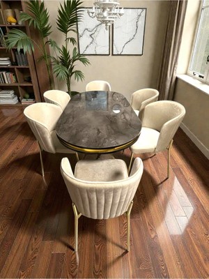 Msy Home 6 Kişilik Berya Ironi Oval Masa Gold Ayak Yönsüz Kumaş Modern ve Şık Yemek Odası Takımı