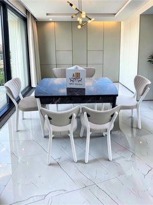 Msy Home Alva 6 Kişilik Yemek Masası Takımı Baby Face Kumaş Siyah Mermer 80X130 cm Mdf Masa Beyaz Iskelet Modern ve Şık