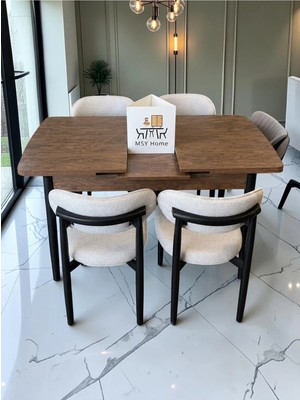 Msy Home 4 Kişilik Lina Beyaz Kumaş 80*130 Antik Çam Açılır Masa Sandalye Seti (Modern Seri) Siyah Iskelet
