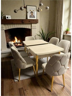 Msy Home 6 Kişilik Asil Gold Serisi Kelebek Traverten Kelebek Yemek Masası Takımı