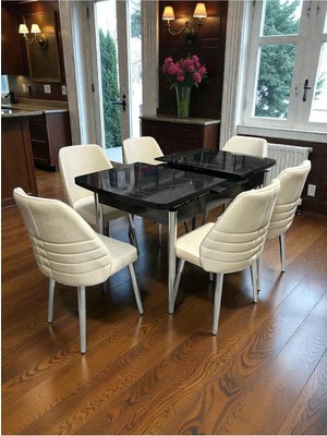 Msy Home 6 Kişilik Premium Seri Krom Detaylı Gri Renk Siyah Mermer Desenli Kelebek Masa Modern Şık Set