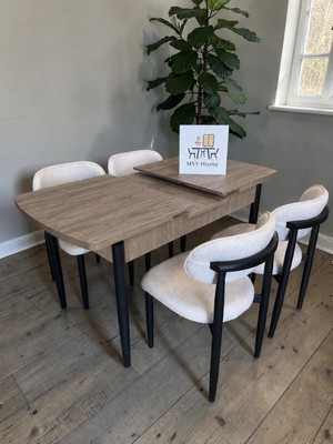 Msy Home 4 Kişilik Lina Krem Kumaş 80*130 Antik Çam Açılır Masa Sandalye Seti (Modern Seri) Siyah Iskelet