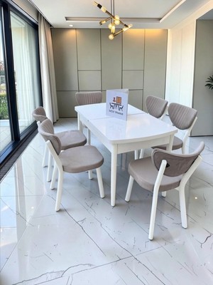Msy Home Alva 6 Kişilik Yemek Masası Takımı Baby Face Kumaş Beyaz 80X130 cm Mdf Masa Beyaz Iskelet Modern ve Şık
