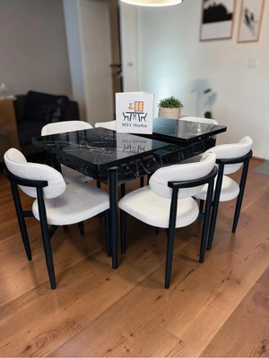 Msy Home 6 Kişilik Lina Beyaz Kumaş 80*130 Siyah Mermer Açılır Masa Sandalye Seti (Modern Seri) Siyah Iskelet