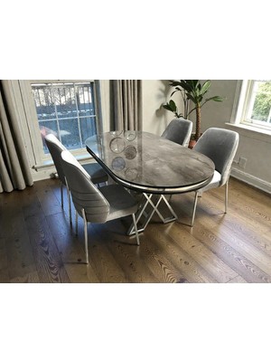 Msy Home 4 Kişilik Monaco Stil Krom Çizgili Gri Yönsüz Kumaş Ironi Oval Masa Modern Yemek Odası Seti
