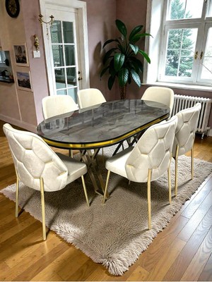 Msy Home 6 Kişilik Ada Gold Serisi Ironi Masa Yönsüz Kumaş Lüks ve Modern Yemek Odası Takımı