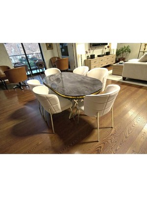 Msy Home 6 Kişilik Serya Ironi Oval Masa Gold Ayak Yönsüz Kumaş Modern ve Şık Yemek Odası Takımı