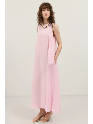 Antioch Pembe Dökümlü Halter Yaka Midi Elbise