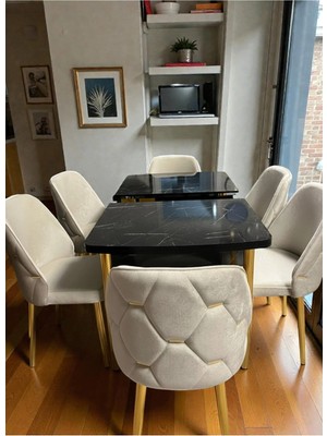 Msy Home 6 Kişilik Asil Gold Serisi Kelebek Siyah Mermer Desenli Yemek Masası Takımı