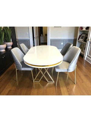 Msy Home 4 Kişilik Monaco Stil Gold Çizgili Gri Yönsüz Kumaş Beyaz Oval Masa Modern Yemek Odası Seti