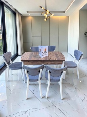 Msy Home Alva 6 Kişilik Yemek Masası Takımı Baby Face Kumaş Çam 80X130 cm Mdf Masa Beyaz Iskelet Modern ve Şık