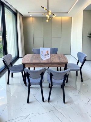 Msy Home Alva 6 Kişilik Yemek Masası Takımı Baby Face Kumaş Çam 80X130 cm Mdf Masa Siyah Iskelet Modern ve Şık