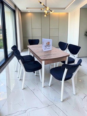 Msy Home Alva 6 Kişilik Yemek Masası Takımı Baby Face Kumaş Çam 80X130 cm Mdf Masa Beyaz Iskelet Modern ve Şık