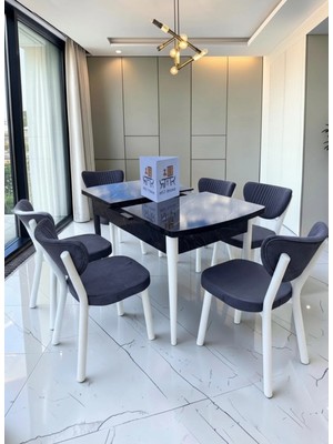 Msy Home Alva 6 Kişilik Yemek Masası Takımı Baby Face Kumaş Siyah Mermer 80X130 cm Mdf Masa Beyaz Iskelet Modern ve Şık