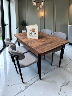 Msy Home 4 Kişilik Linaa.gri 80*130 Antik Çam Açılır Masa Sandalye Seti (Modern Seri) Siyah Iskelet