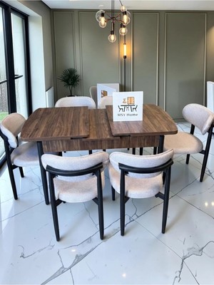 Msy Home 6 Kişilik Lina Krem Kumaş 80*130 Antik Çam Açılır Masa Sandalye Seti (Modern Seri) Siyah Iskelet